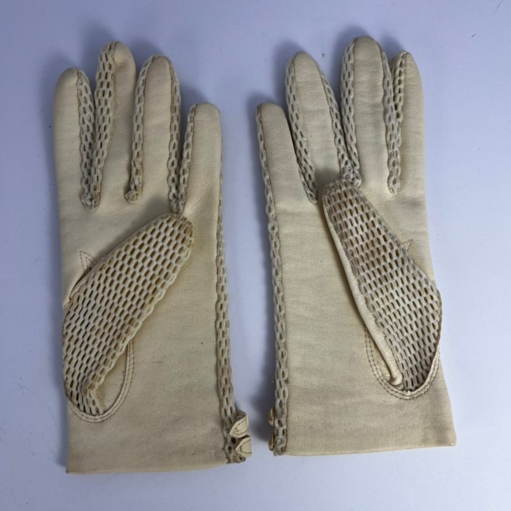 Vintage Cream Leather Crochet Mesh Driving Gloves British Hong Kong Retro - Picture 4 of 7